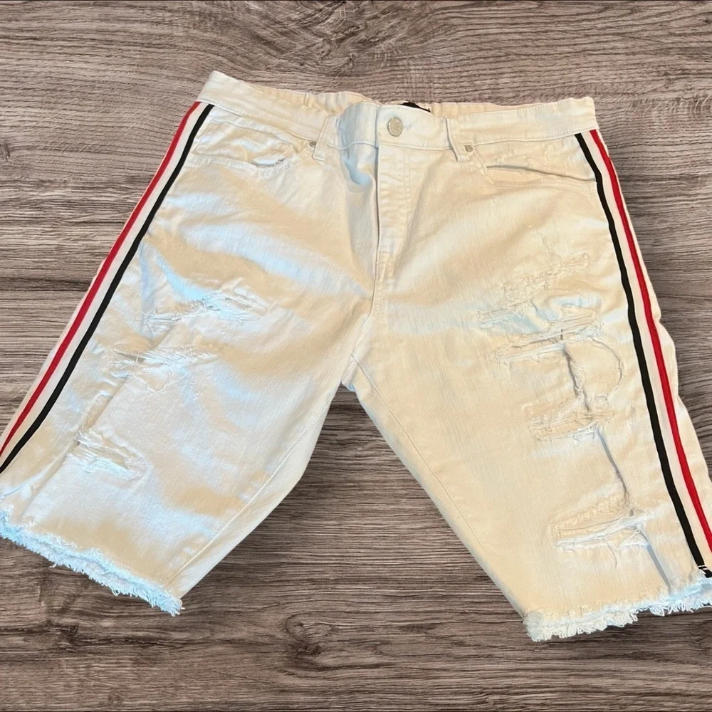Legacy Edition Men’s Jordan Craig White Distressed Shorts Red Blue Stripe 36